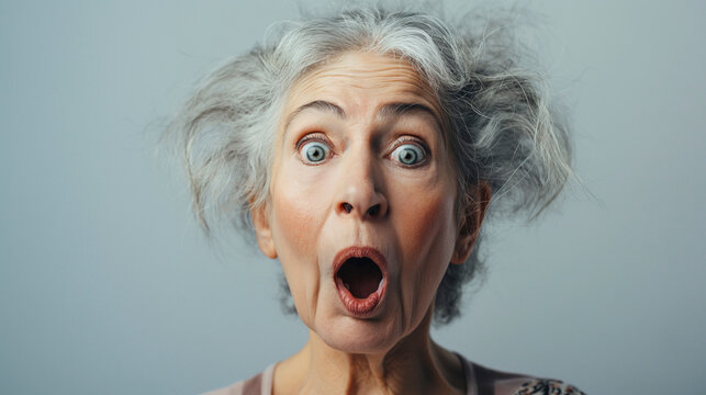 Mujer mayor con expresi&oacute;n de sorpresa sobre un fondo liso de color claro