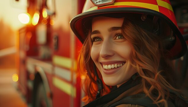 Portrait Of A Joyful Female Firefighter In Gear With Blurred Fire Truck In Background. Safety And Emergency Concept. AI