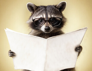 A raccoon in glasses looks through a newspaper with a smart look.