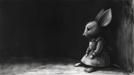 a black and white drawing of a rabbit sitting in a corner with its head turned to the side of the frame.