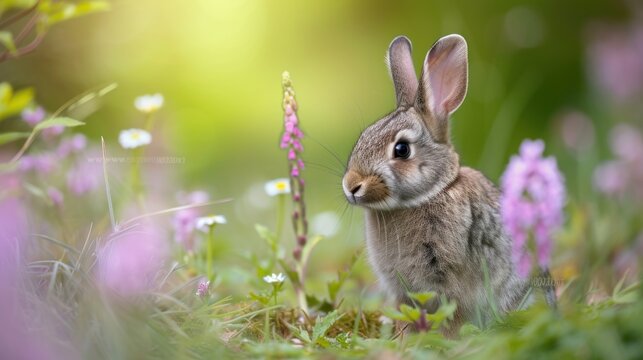 a rabbit is sitting in a field of wildflowers and looking at the camera with a curious look on its face.