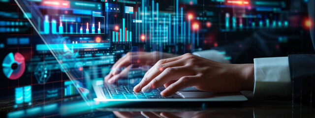 person's hands are seen typing on a laptop keyboard, with futuristic digital graphics of charts, graphs, and data analytics floating above the computer screen.