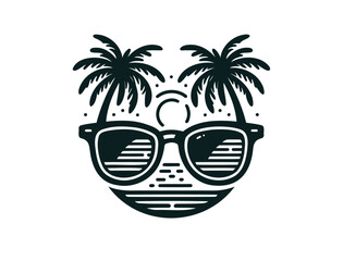 Palm beach vacation and sunglasses vector illustration emblem. Ocean, sunrise, holiday.

 - obrazy, fototapety, plakaty