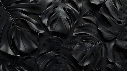 Fototapeta premium textures of abstract black leaves for monstera leaf background top view. tropical leaf. Dark background 