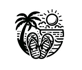 Palm beach vacation vector illustration emblem. Ocean, sunrise, holiday. - obrazy, fototapety, plakaty
