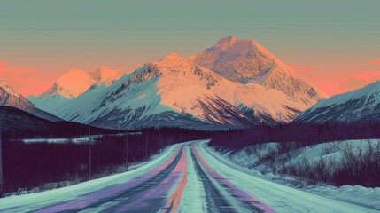 a painting of a snow covered road in front of a mountain range with a red and blue sky in the background. - obrazy, fototapety, plakaty