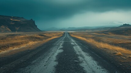 a dirt road in the middle of a field with a mountain in the distance and a dark sky in the background.