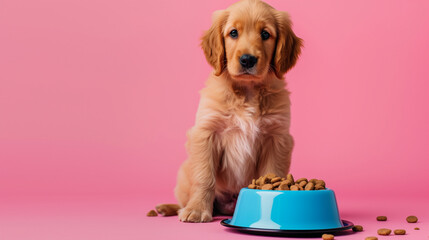 Cute golden retriever puppy sitting near bowl with food on pink background