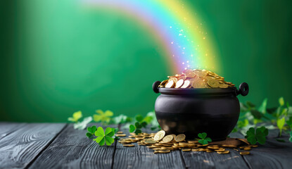 St Patrick's Day pot of gold coins with clovers, rainbow and sparkles, green background - obrazy, fototapety, plakaty