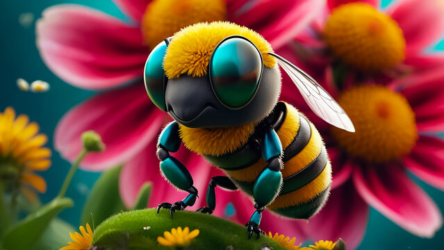 cute cartoon bee character, flowers