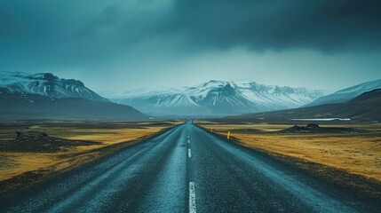 a road in the middle of nowhere with a mountain range in the back ground and a sky filled with clouds.