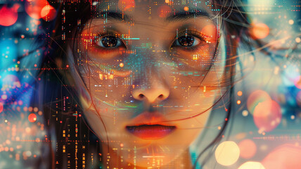 A composite image of an asian young lady showcasing the various applications of facial recognition technology. - obrazy, fototapety, plakaty