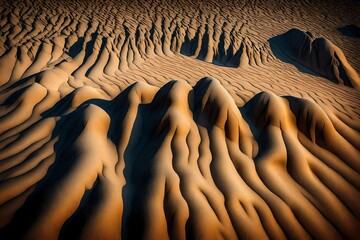 The mesmerizing patterns created by the shadows of towering cliffs on a sandy beach.