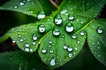 A macro shot of raindrops on the leaves of a plant, capturing the essence of a refreshing rain.