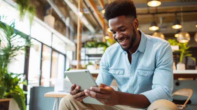 young man smiling and looking at a tablet in a well-lit café or restaurant.
