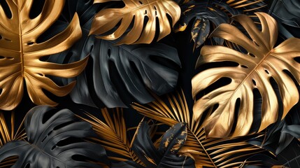 tropical leaves gold and black dark monstera palm graphic design creative nature background minimal summer abstract jungle forest pattern luxury exotic botanical design cosmetics, wedding