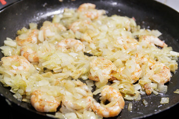 Fish in sauce with shrimp. Step by step preparation. Adding the ingredients