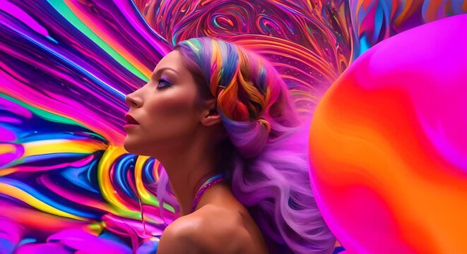 immagine surreale e colorata di donna sotto effetti allucinogeni, sfondo che si muove dai colori accesi dell'arcobaleno, immagine surreale , capelli multicolore dal viola diventano arcobaleno , 