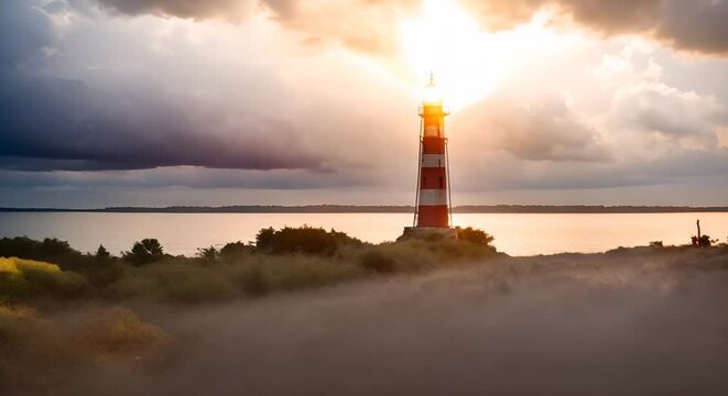temporale in arrivo sul mare, faro bianco e rosso sul promontorio, nuvole scure in movimento