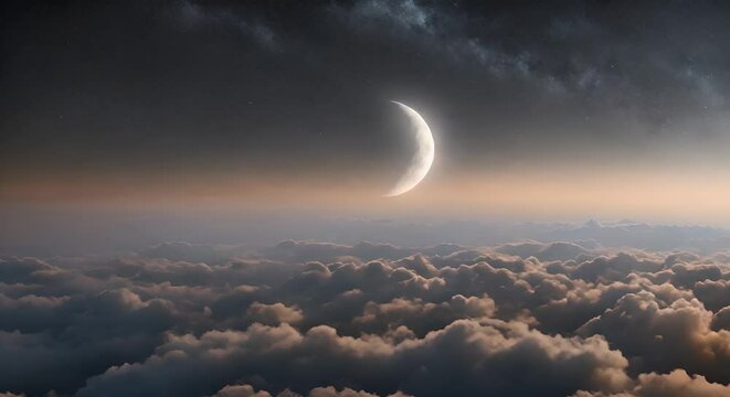visione aerea della mezza luna di notte e sopra le nuvole, 