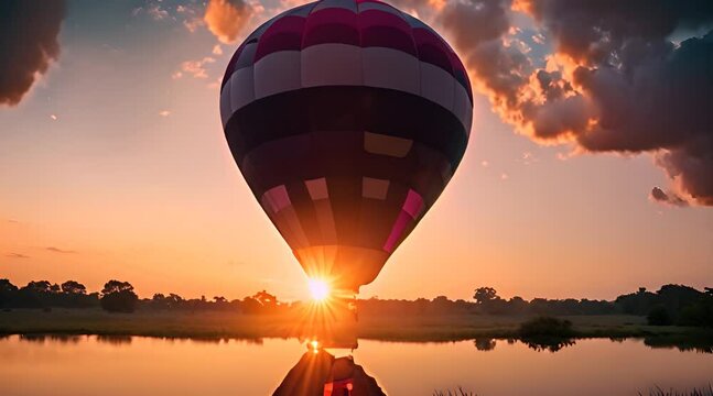 bellissima mongolfiera che viaggia tra nuvole dai colori mozzafiato all'alba, sorgere del sole visto dalla mongolfiera, alba rosa e arancione