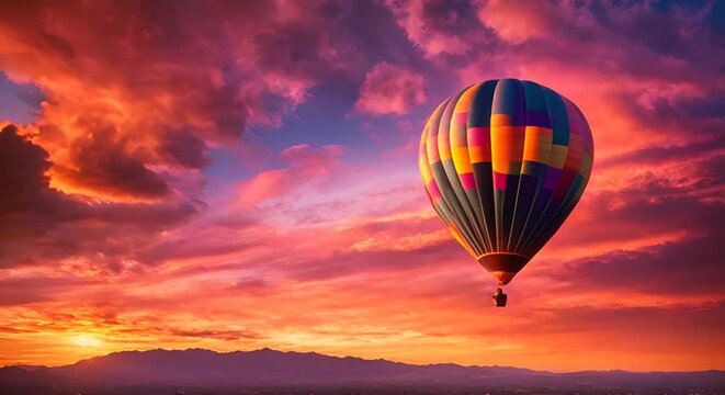 bellissima mongolfiera che viaggia tra nuvole dai colori mozzafiato all'alba, sorgere del sole visto dalla mongolfiera, alba rosa e arancione
