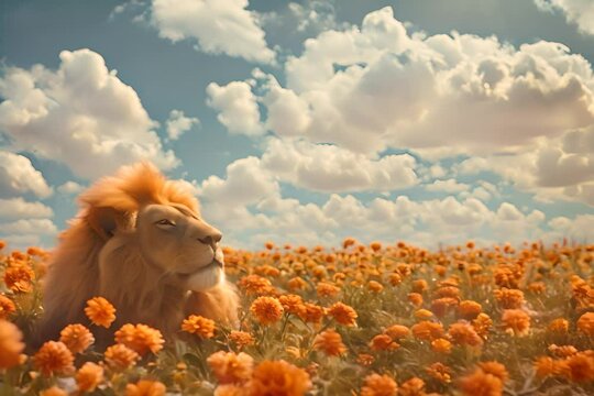 video di leone sereno che si scalda al sole in un prato pieno di fiori gialli, cielo africano azzurro e con nuvolette bianche , immagine di resenità
