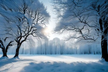 The surreal beauty of a snow-covered landscape, with sparkling frost on tree branches and a soft winter glow.