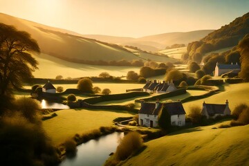 Fototapeta na wymiar : A picturesque countryside landscape dotted with charming cottages, rolling hills, and meandering streams, bathed in the soft glow of morning light. --3:2 --v4 