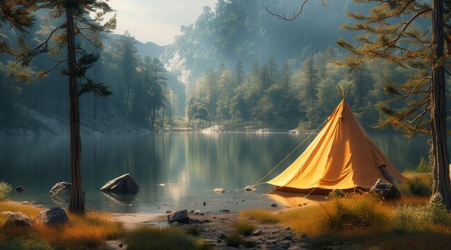 A tent is pitched on the edge of a serene lake surrounded by lush greenery and tall trees, under a sky painted in various tints and shades