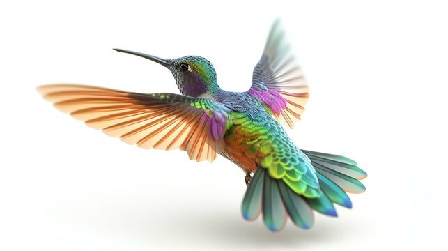 A charming 3D rendering of a delightful hummingbird perched gracefully on a pure white background. This vibrant and cheerful image is perfect to add a touch of nature's wonder to any project