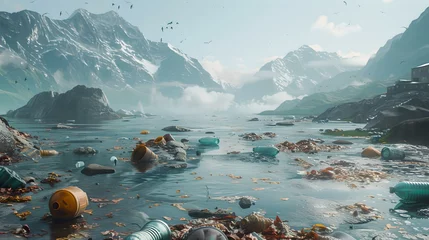 Photo sur Plexiglas Gris foncé Dramatic landscape of mountains and valley with floating debris. pristine nature meets pollution. captivating scene for environmental themes. AI