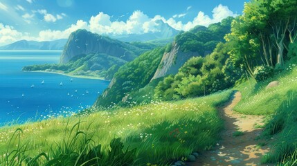 Calm summer scene in anime style, featuring gentle ocean waves, lush green meadows, and majestic cliffs. - obrazy, fototapety, plakaty
