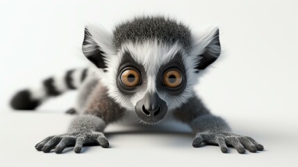 Fototapeta premium Adorable 3D lemur with captivating eyes, perched on a white background. Perfect for children's books, digital content, and animal-themed designs.
