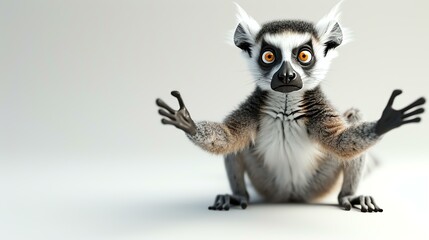 Fototapeta premium A delightful 3D rendering of a cute lemur sitting on a pristine white background. Its large round eyes and fluffy fur make it irresistibly adorable.