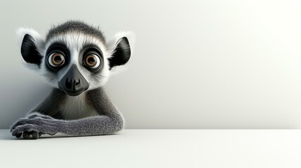 Fototapeta premium A charming 3D illustration of an adorable lemur, showcasing its captivating eyes and playful expression. Perfect for adding a touch of cuteness to your projects or creating a delightful atmo