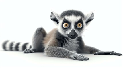 Fototapeta premium A delightful 3D render of a charming lemur, featuring big round eyes and a playful expression, set against a clean white background. Perfect for adding a touch of cuteness to any project or