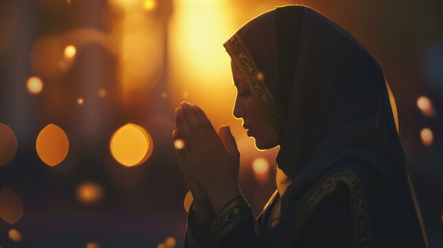 Muslim woman in hijab praying to Allah, suitable for background or banner with Ramadan theme