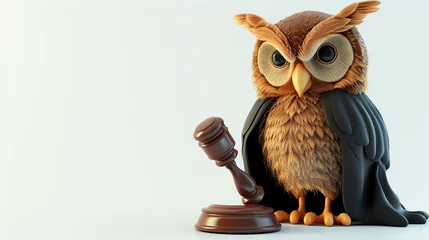 Papier Peint photo autocollant Dessins animés de hibou A charming 3D owl character dressed as a judge, complete with a traditional gavel, situated on a clean white background. This adorable and whimsical image is perfect for showcasing fairness,