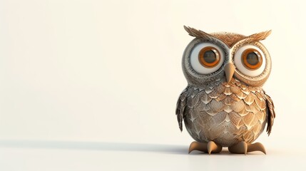 A delightful 3D rendering of a cute owl perched gracefully on a pristine white background, exuding charm and innocence. Perfect for adding a touch of whimsy to your projects!