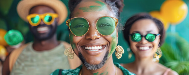 St Patrick's day party with friends in green glasses and green paint are making faces in the style of feminine empowerment, traditional arts of africa, oceania, and the americas