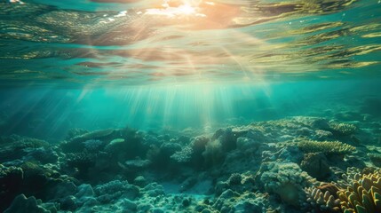 An ocean scene with beautiful coral formations illuminated by the light filtering through the blue-green water - obrazy, fototapety, plakaty
