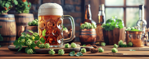Large beer mug with herbs and hop leaves on blurred background with more glass bottles on wooden pub table during irish festival for beer lovers or St. Patrick Day holiday