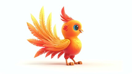 A charming 3D depiction of a cute phoenix showcasing vibrant colors and intricate details against a clean white background. Perfect for adding a touch of magic to any project.