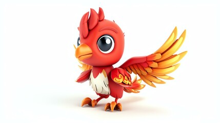 A whimsical 3D cute phoenix, rendered with vibrant colors, standing on a clean white background. Perfect for adding a touch of enchantment to any project or design.