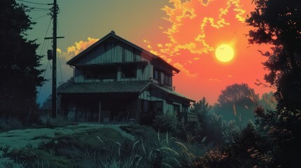 traditional Japanese house in a modern anime, its front façade highlighted against the setting sun - obrazy, fototapety, plakaty