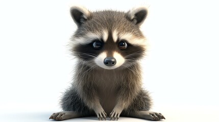 A delightful 3D rendering of an adorable raccoon, showcasing its playful expression, glossy fur, and perfectly detailed features against a crisp white background. Perfect for adding a touch