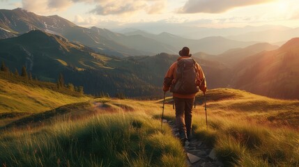 Photo of a hiker walking on a stunning landscape background. AI generated.