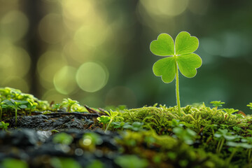 Clover four leaf grows on top of a flowering tree moss in St.Patrick Day at morning in style of mystic symbolism, scoutcore, absinthe culture, bokeh panorama, patience of saint