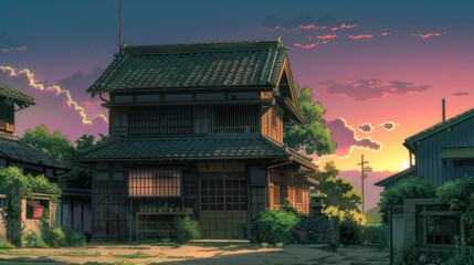 A modern anime featuring a traditional or classic Japanese house seen from the front at sunset - obrazy, fototapety, plakaty